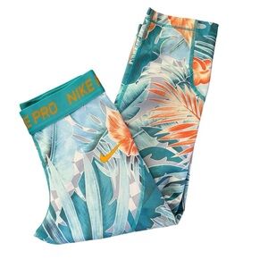 Nike Girls' Pro Dri Fit Allover Print Capri Tights Pull On Size M Teal Orange